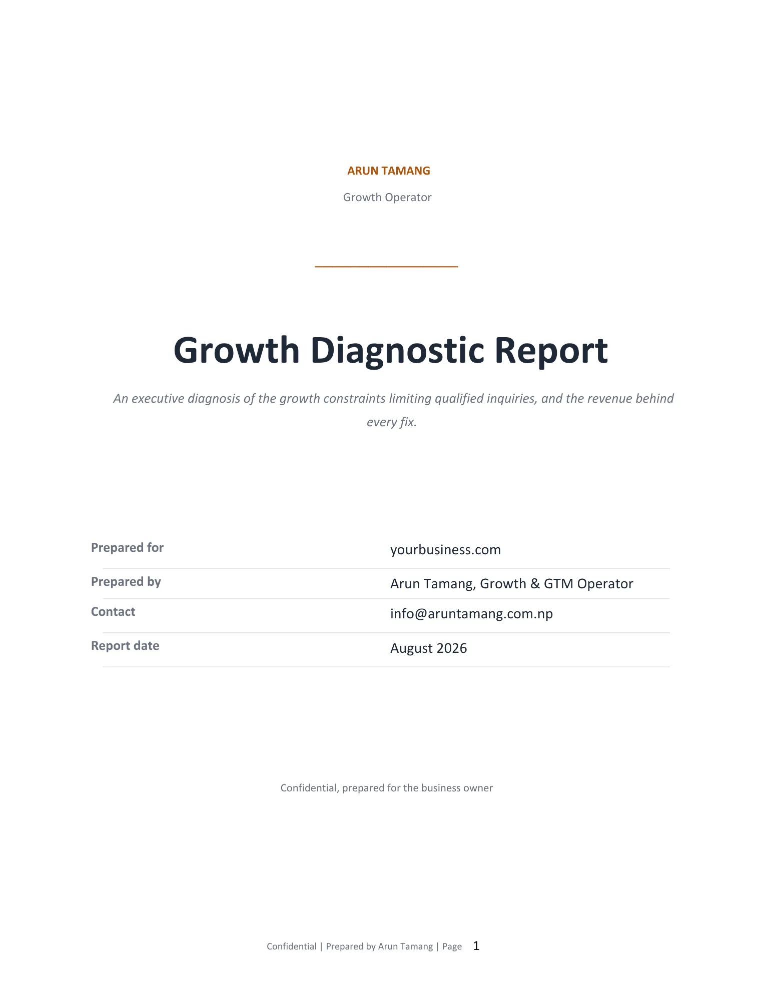 Growth Diagnostic report cover prepared by Arun Tamang, showing the report title, business details, report date, and confidential report notice.