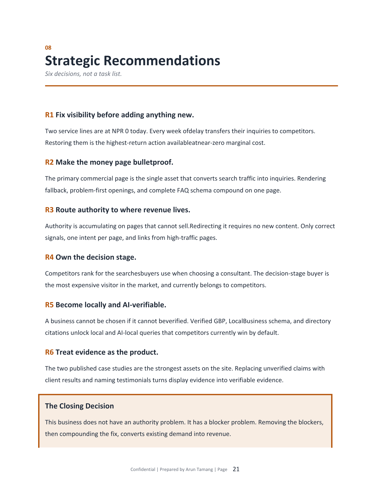 Strategic recommendations preview showing whether search is the right investment and the recommended next steps.