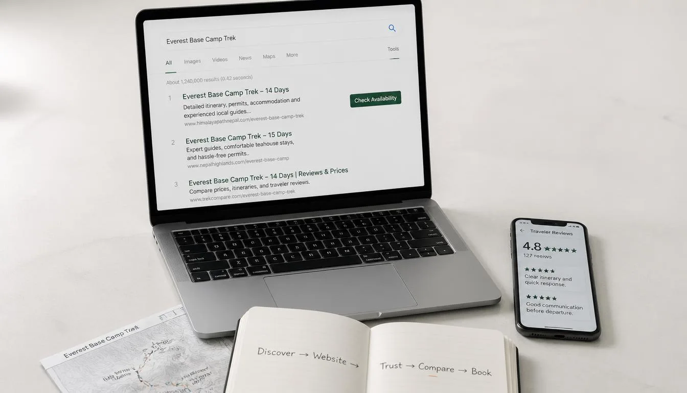 Professional overhead photograph of a clean trekking agency research desk featuring a laptop with search results for "Everest Base Camp Trek" and a "Check Availability" button, a smartphone showing a 4.8-star travel review, an open notebook with "Discover, Website, Trust, Compare, Book" handwritten steps, and a folded Nepal trekking map, representing the traveler's journey of comparing agencies and checking reviews before booking.